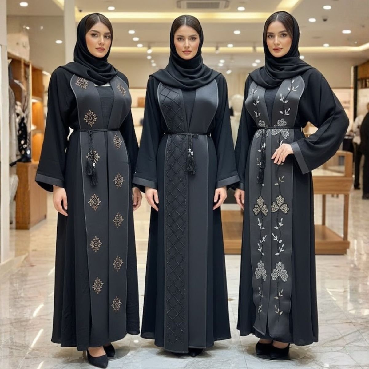 عباية سوداء فاخرة مطرزة مع حجاب AB111