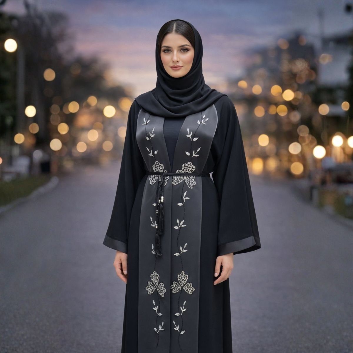 عباية سوداء فاخرة مطرزة مع حجاب AB111 - الصورة 3