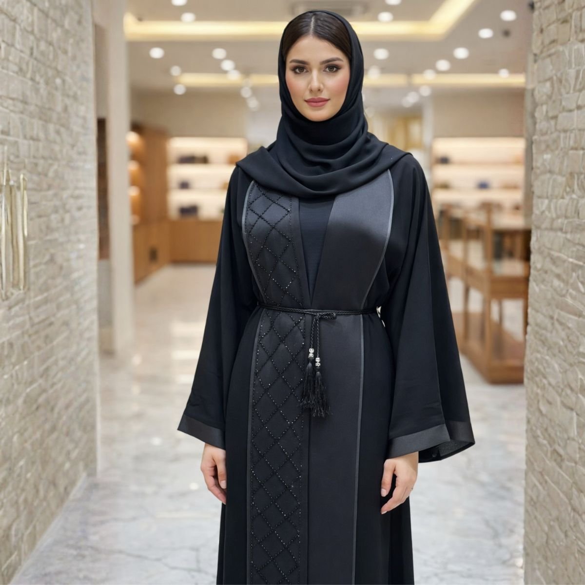 عباية سوداء فاخرة مطرزة مع حجاب AB111 - الصورة 2