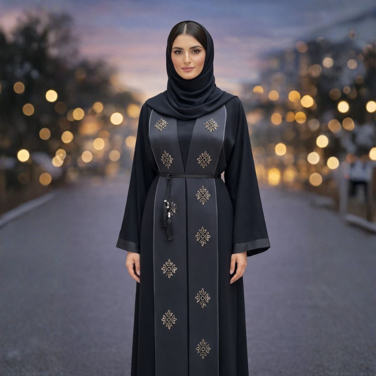 عباية سوداء فاخرة مطرزة مع حجاب AB111 - الصورة 4