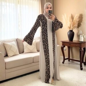 AB104-عباية كلوش مودرن بنقشة الفهد ولون بيج راقي