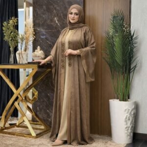 AB105-عباية جاكار بني بتطريز هندسي ملكي