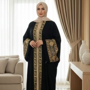 AB106-عباية سوداء ملكية بتطريز هندسي ذهبي فاخر