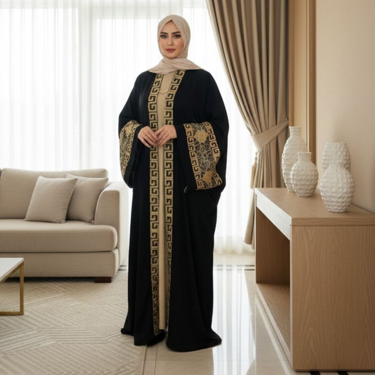 AB106-عباية سوداء ملكية بتطريز هندسي ذهبي فاخر - الصورة 2