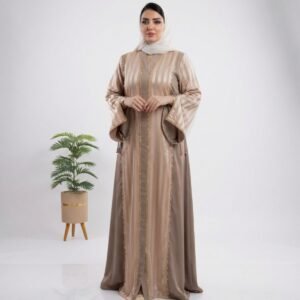 AB108-عباية ستان مخملي برونزي لامع بأكمام واسعة