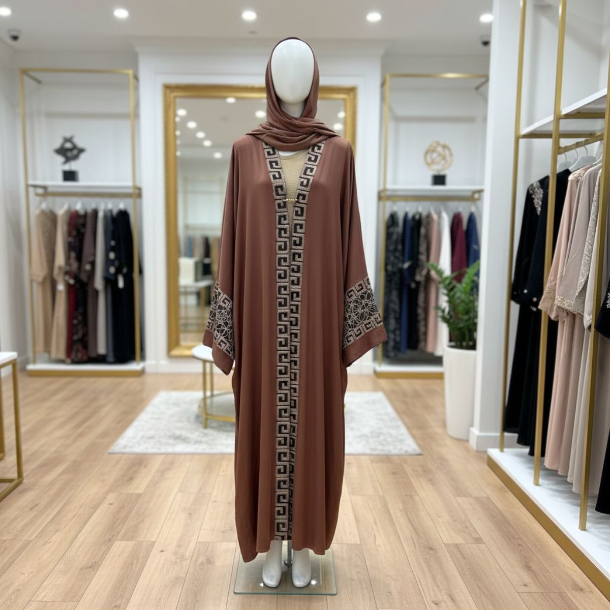 عباية بنية مع فستان داخلي - طقم ملكي كريب AB113 - الصورة 3