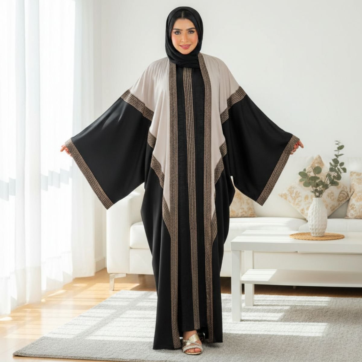 عباية كريب حرير ملكي - طقم قطعتين AB114