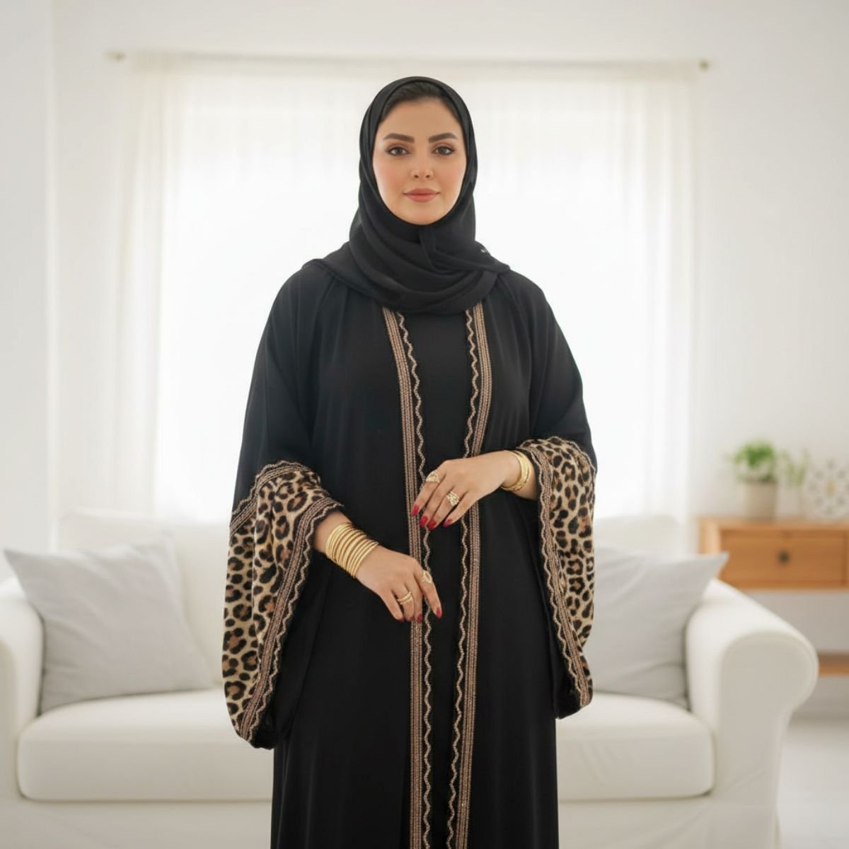 AB120 عباية ستان مخملي أسود بنقشة النمر