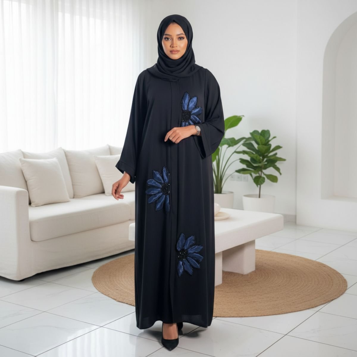 عباية كريب خليجي بتطريز ورد ثلاثي الأبعاد AB119 - الصورة 2