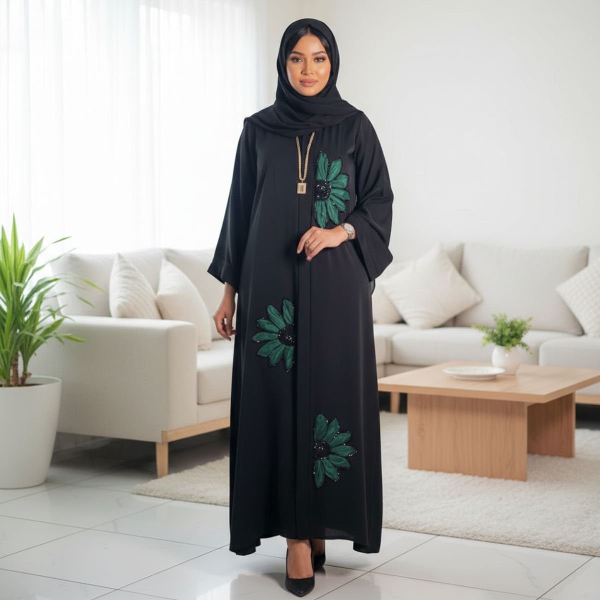 عباية كريب خليجي بتطريز ورد ثلاثي الأبعاد AB119