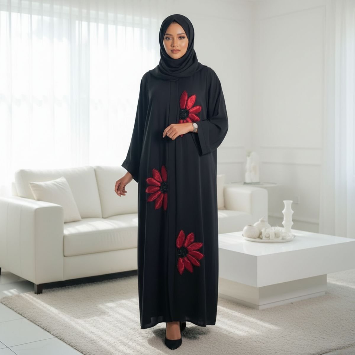 عباية كريب خليجي بتطريز ورد ثلاثي الأبعاد AB119 - الصورة 3