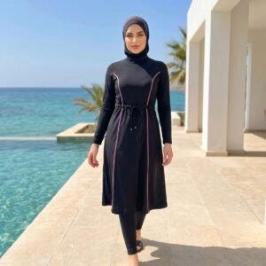 بوركيني رياضي أنيق باللون الأسود والوردي AB126