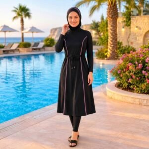 بوركيني رياضي أنيق باللون الأسود والوردي AB126