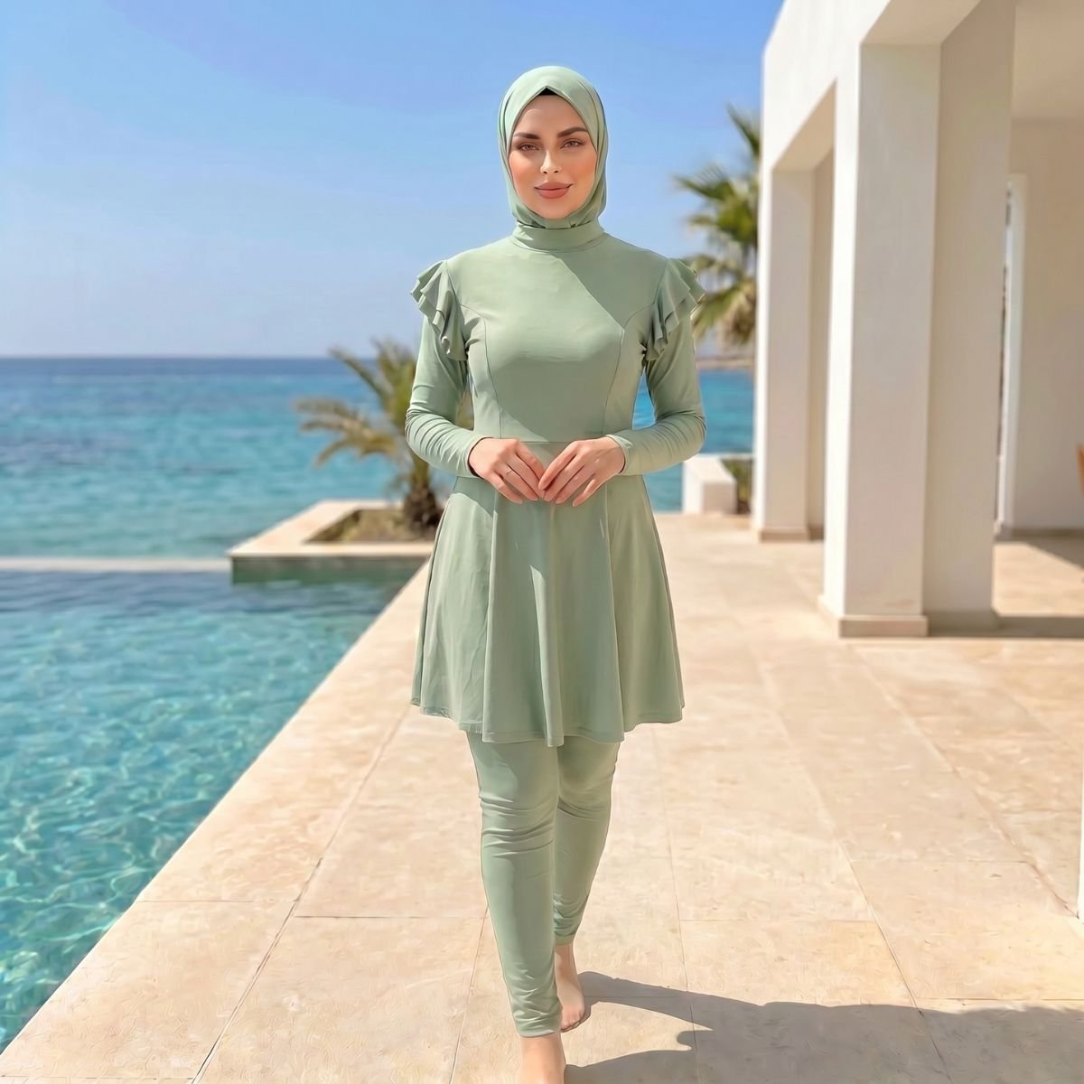 بوركيني أنيق باللون الأخضر الميرمية الفاخر AB136 - الصورة 4