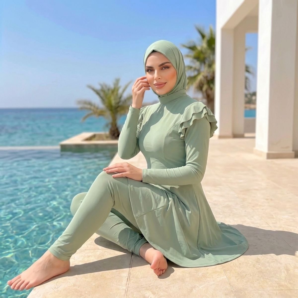بوركيني أنيق باللون الأخضر الميرمية الفاخر AB136 - الصورة 2